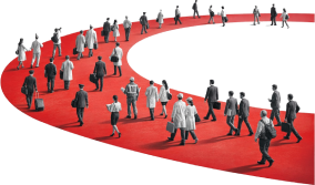 People walking a red path