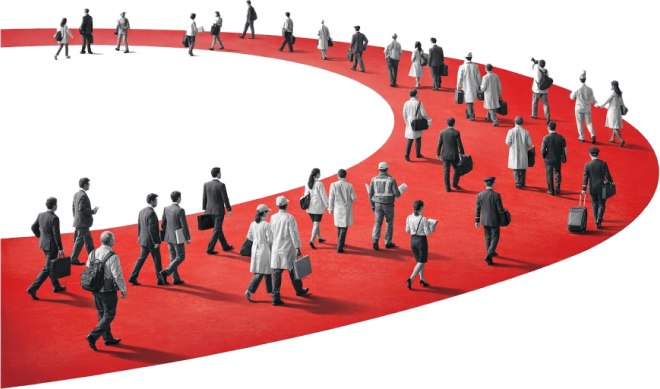 People walking a red path